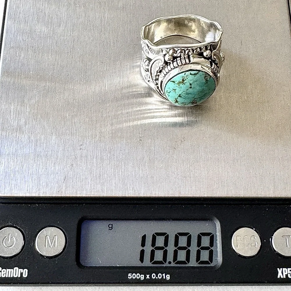 BIG Navajo Mens Turquoise Ring Sz 14 Wide Band Signed Lee Sterling Native Amer